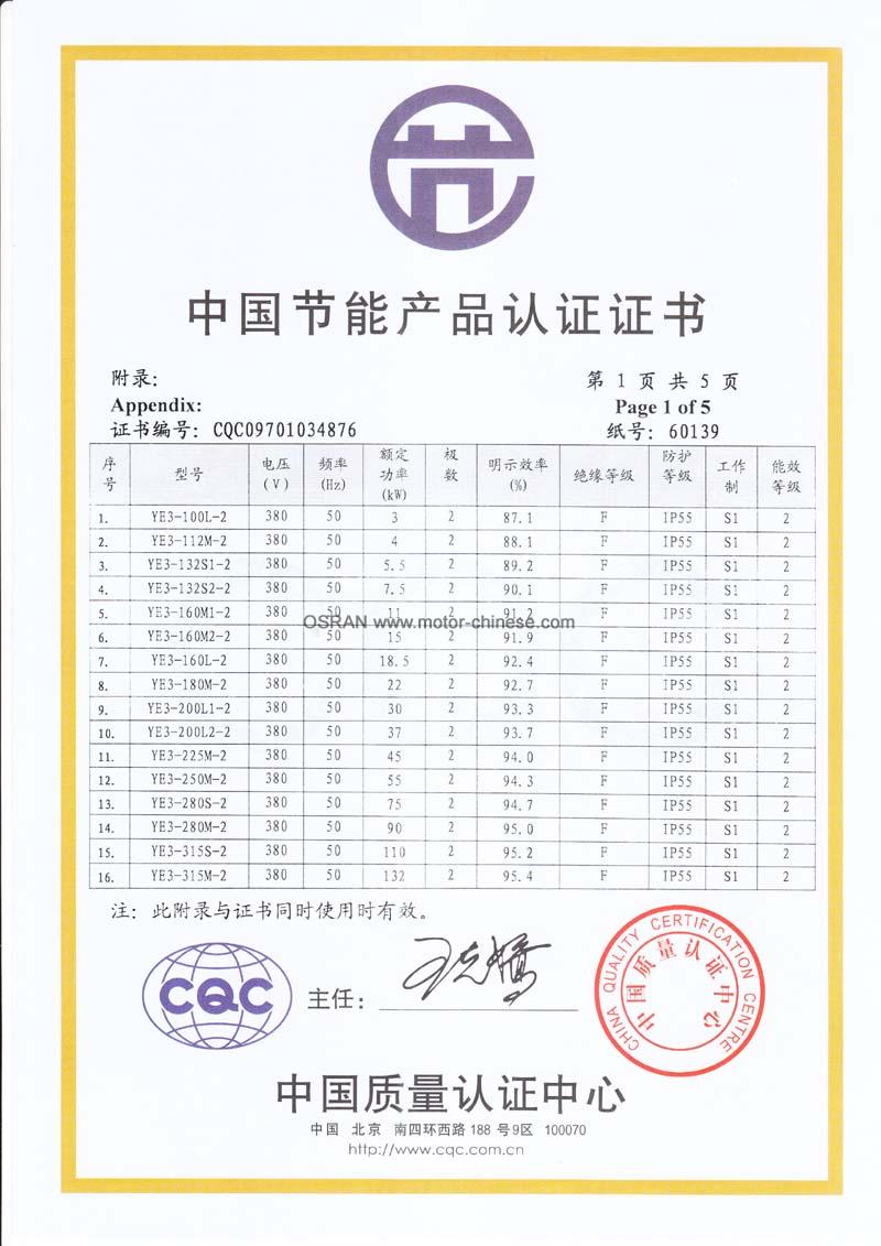 CQC Certificate of induction motor