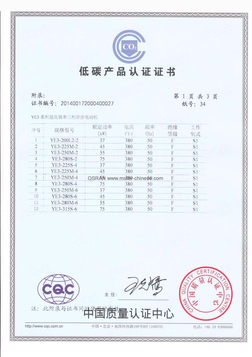 low-carbon Certificate of electric motor