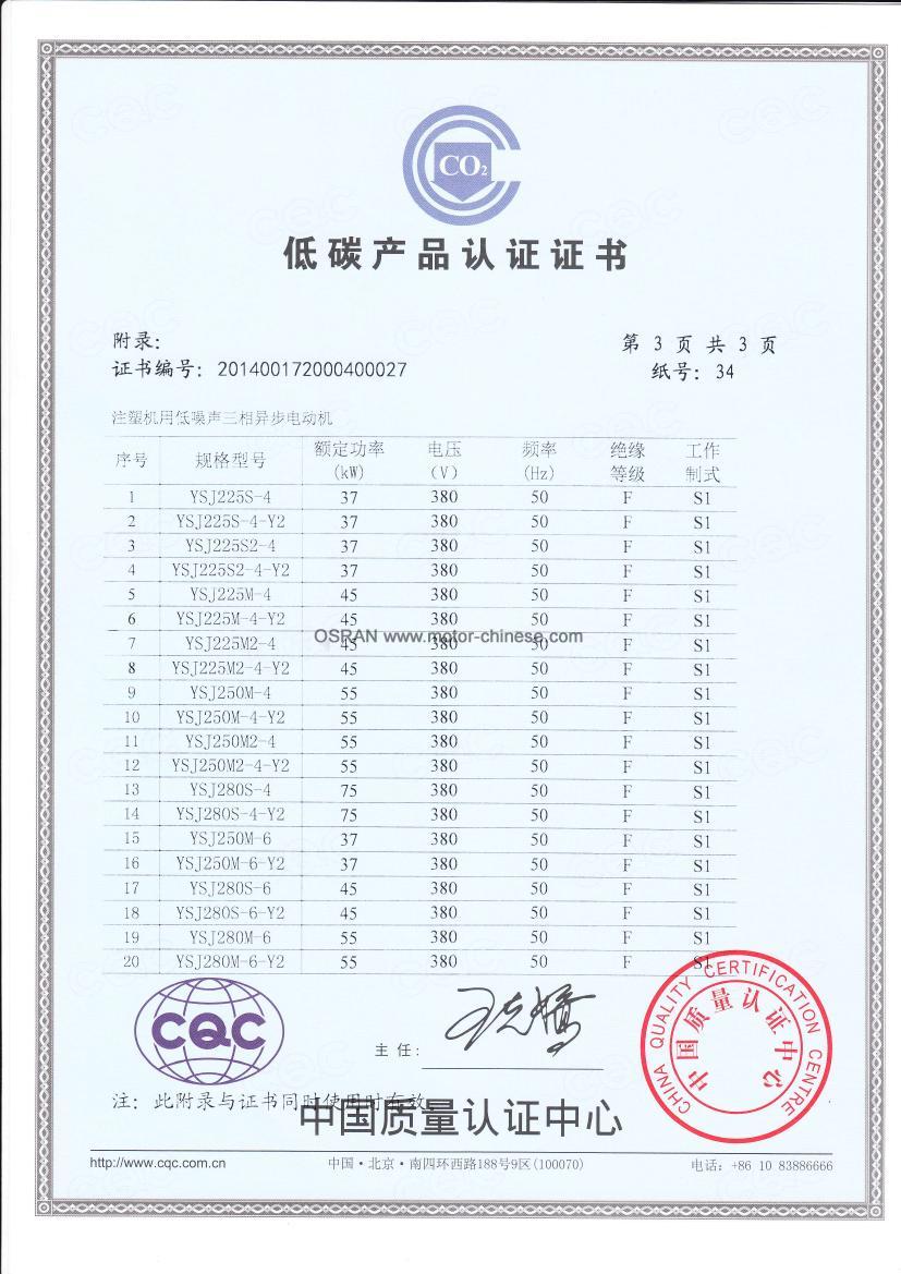 low-carbon Certificate of electric motor