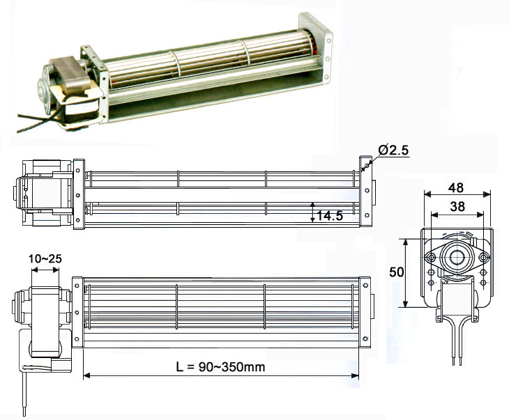 size of Cross flow fan with <a href=http://www.motor-chinese.com target='_blank'>single phase motor</a>s