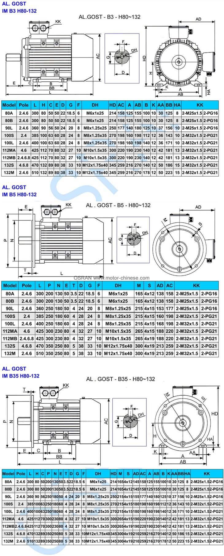 B3-B5-B35 mounting sizes of AL GOST electric motor